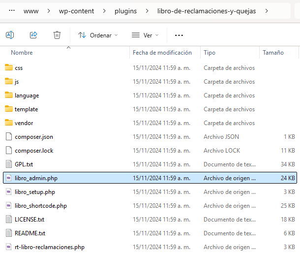 ruta wp-content/libro-de-reclamaciones-y-quejas/libro_admin.php